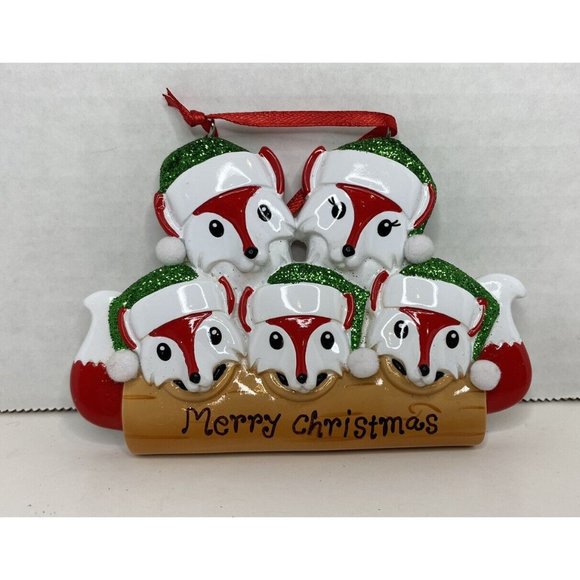Fox Family of 5 Christmas Ornament Ready to Personalize - Picture 1 of 3